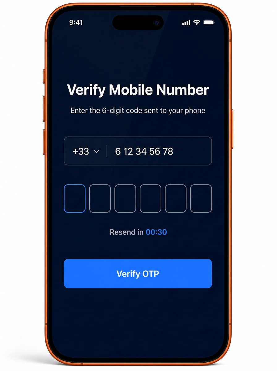 Mobile number and OTP verification screen inside a monitor mockup